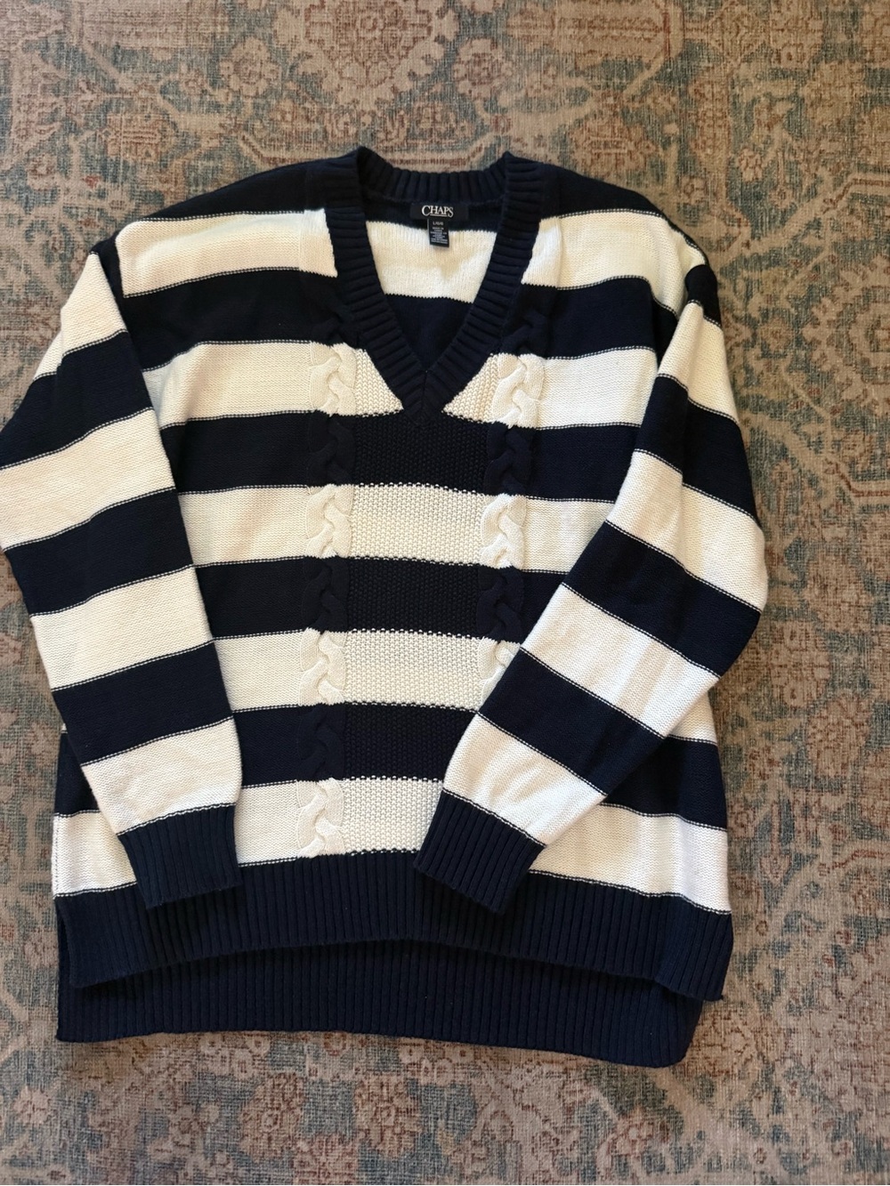 Chaps Navy and White Striped V‑Neck Cable Knit Sweater